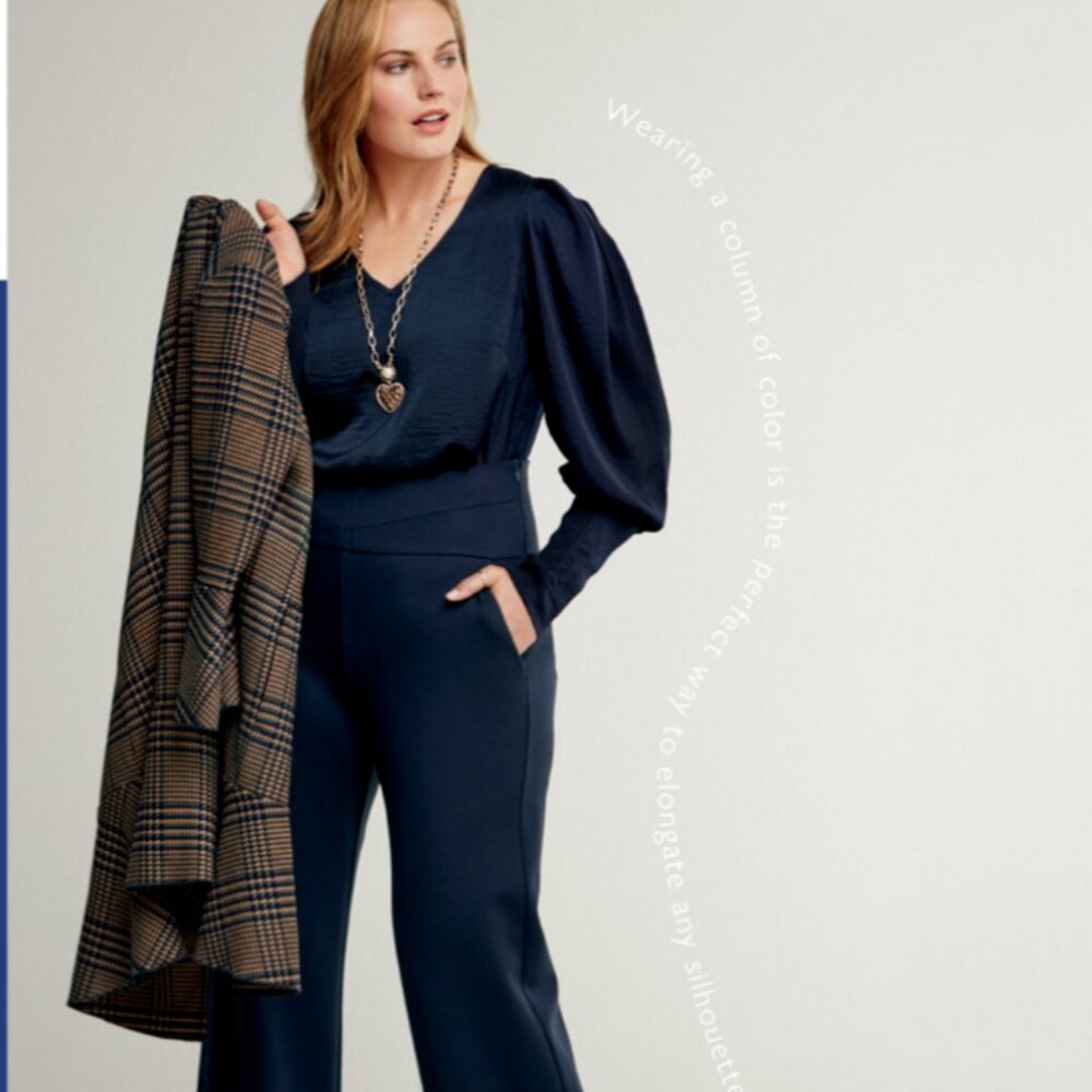 CABI Timeless navy puff shoulder lantern sleeve silky 'V' neck office blouse